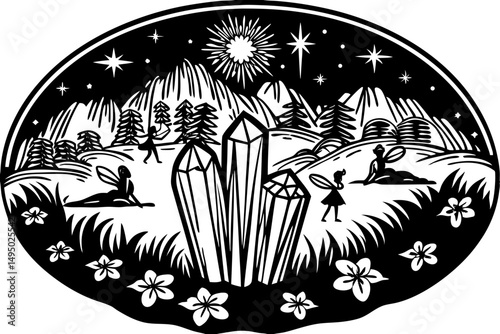 Hidden valley glowing with magical crystals and mist vector illustration