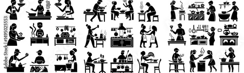 A set of modern illustrations depicting a stick figure man making meals, including breakfast, lunch, and dinner, and a stickman cooking in a kitchen at home