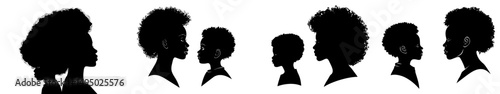 Modern illustration featuring silhouettes of afro kids' faces in profile, including both a boy and a girl