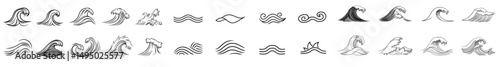 The icon set includes a range of thin line waves, representing various types of water, including lakes, rivers, and oceans, all designed in a modern flat style, incorporating a water logo, line ocean
