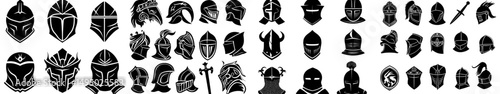 A collection of modern, isolated medieval helmets, featuring ancient warrior knight head armor with visor plumage and spartan fighter protective elements in a flat style