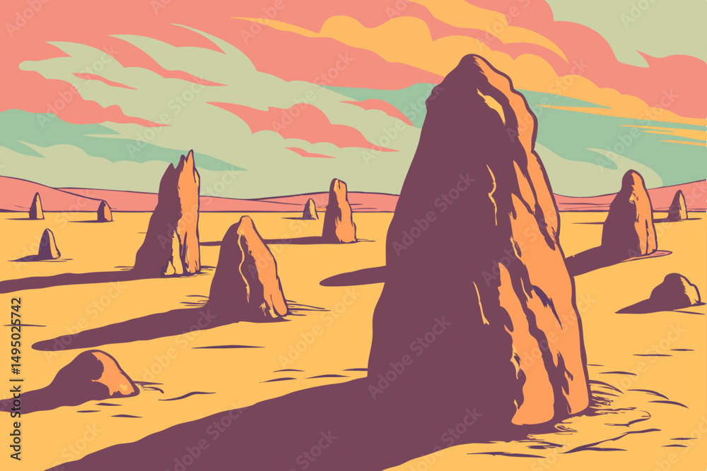 Surreal desert with massive otherworldly rock forms vector illustration