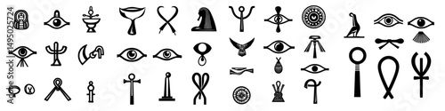 Ancient Egyptian symbols including the Eye of Horus, ankh cross, and crescent moon are featured in a modern illustration set of hand drawn elements