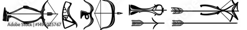 The modern set features a bow icon, along with an archer illustration and other signs in a collection of archery symbols, including a bowman logo