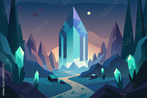 Hidden valley filled with glowing crystals and magic vector illustration