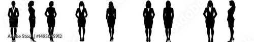 A woman wearing a suit jacket is depicted in silhouette form against a white backdrop, showcasing both front and rear views in a contemporary illustration style