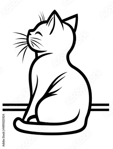 A contemporary black and white linear illustration features a chubby cat in a humorous pose