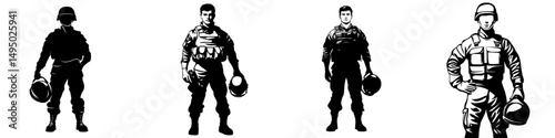 A pilot from the air force is standing in full length, holding a helmet, in silhouette