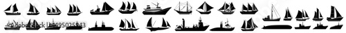A collection of silhouettes featuring iconic sea transportation modes, including ships, boats, yachts, submarines, and sailboats
