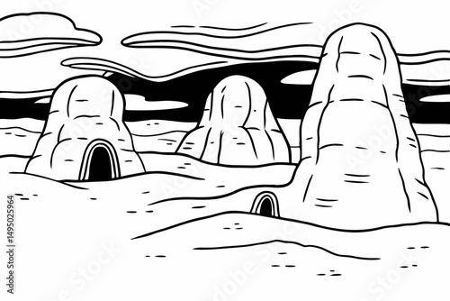 Surreal Desert with Enormous Otherworldly Rock Formations Vector Illustration