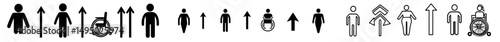 The icon set features a lift, an elevator, a male figure, a female figure, a disabled person, upward and downward arrows, and an exit symbol