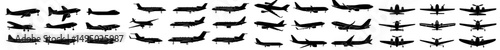 Collection of black airplane icons, featuring silhouettes of planes in black