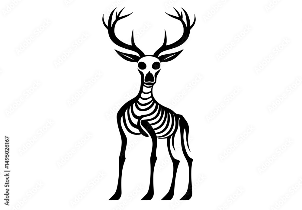 A gothic Christmas decoration featuring a reindeer skeleton illustration embodies a dark academia aesthetic for the holiday season with a minimalist modern twist suitable for printable products