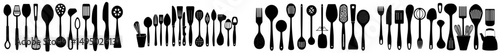 A set of cutlery and kitchen utensils, with kitchenware silhouetted on a white background, is depicted in a modern illustration