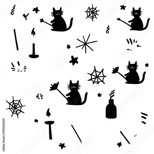 The design combines cats, skulls, candles, and spiders in a seamless modern pattern, ideal for Halloween with a cute and gothic style that can be applied to fabric, paper, and different surface