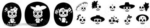 Mexican holiday Dia de los muertos is celebrated with calavera sugar skulls and Day of dead festival skulls, featuring cartoon modern sets of traditional calaca heads for Death celebration, including