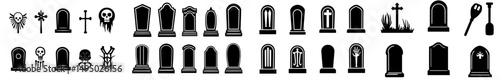Icons of gravestones, headstones, and tombstones, along with modern silhouettes of tomb stones, are available, featuring cemetery or graveyard tombstones with RIP memorials and gothic crosses