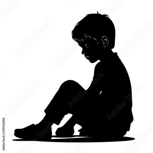 The silhouette of a boy sitting on the ground, deep in thought or troubled, is presented in a modern portrait illustration from the side
