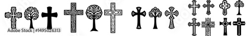 Modern graphics of metal Christian crosses and Jesus' black crucifix form a decorative collection of religious signs