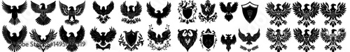 A compilation of eagle emblems with heraldic origins, featuring an ancient avian badge symbol in silhouette form