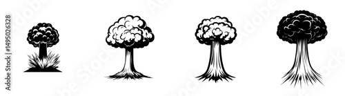 Modern design element featuring an atomic bomb explosion in a halftone dots texture, presented in isolated black and white