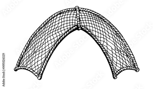 Isolated fishnet, or fish net, is a type of 3D modern mesh material used in fishing, complete with sinkers, and is made up of interconnected knots that are designed to catch fish while enabling water