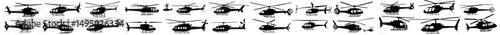Collection of modern black helicopter silhouettes illustrated in isolation on a white background