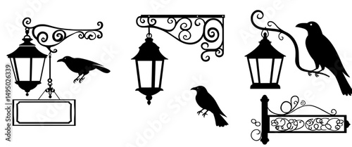 Antique style page decoration corner featuring raven birds and hanging street lamps in black and white for a modern witchcraft and sorcery design concept