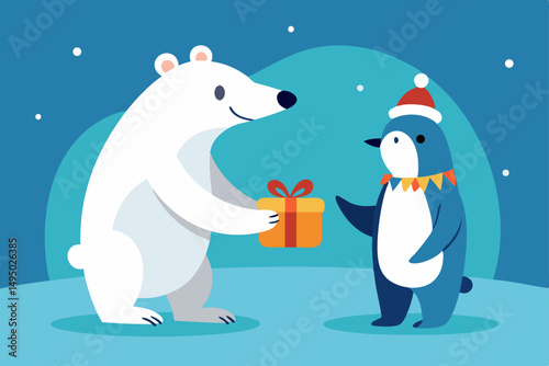 polar bear and penguins exchanging gifts vector illustration