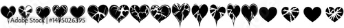 A collection of gothic modern icons featuring broken hearts, love signs, and rock-inspired stickers with cracked grunge shapes and flames, alongside emo romance prints and y2k Valentine's Day
