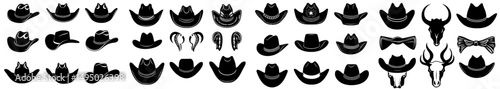 Collection of modern cowboy hat symbols, including outline and silhouette styles, in black, illustrated on a white background