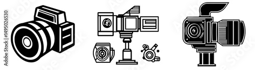 A classic film camera is represented as a traditional and vintage icon with a modern design in black and white through a simple and minimalist illustration in a set of collections isolated