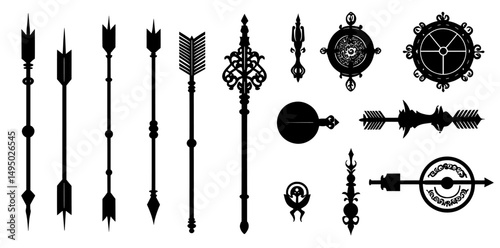 Timepiece components include clock hands, watch faces, and chronometer arrows in black silhouettes, used for countdowns and featured on antique and vintage timekeeping decorations with hour and