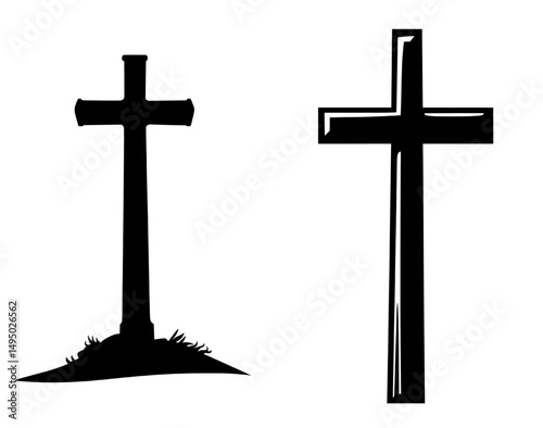 A religious Christian cross with spiked details is depicted in a modern black and white silhouette illustration, set against a white backdrop