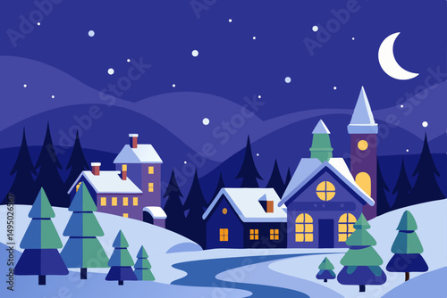 Peaceful Snowy Night in Christmas Village Vector Illustration