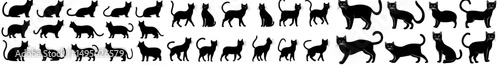 Silhouettes of black cats posed in different ways are set against a white background, making them perfect for use in logos, decals, and apparel designs that feature elegant, sleek, and modern photo