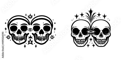 Vintage skulls and Dark Academia elements are showcased in a hand-drawn dark gothic modern illustration with boho esoteric clipart