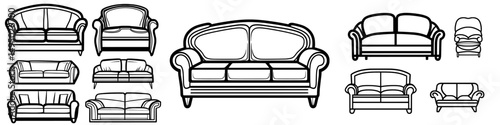 A set of outline icons featuring a sofa and armchair is available, showcasing a linear collection of couches through line art illustration, ideal for living room design with modern style isolated on