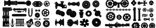 A modern set of pencil sketches showcases retro threaded machinery parts, including gear generator clutch mechanisms, alongside black and white vintage technical equipment on a white background