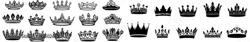 Royal crown symbols, including king and queen icons, are part of a comprehensive collection of crown signs and emblems, presented as modern flat black silhouettes isolated on a white background,