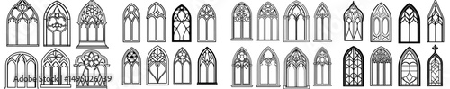 Medieval gothic castles and catholic churches feature intricate glass windows, isolated modern outline arches appear as black silhouettes, and vintage stained glass is set in arched frames within