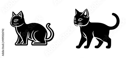 A modern flat depiction of a cat is shown sitting gracefully, highlighting its silhouette and elegant tail and whiskers