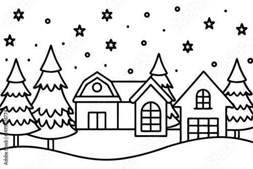 Peaceful snowy night in a Christmas village vector illustration