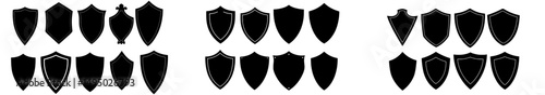 The design features a collection of black shields in different shapes, all illustrated in a modern flat graphic style