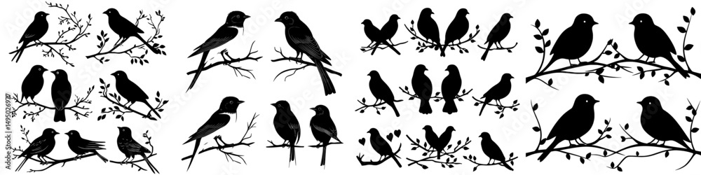 A pair of bird silhouettes perched on a branch serves as a modern Valentine's Day symbol A pair of bird silhouettes perched on a branch serves as a modern Valentine's Day symbol