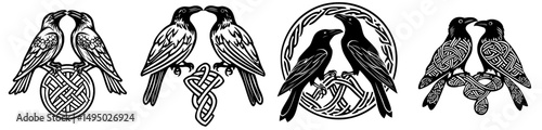 Modern illustration featuring two black crows in Old Norse Celtic style, set against a black background
