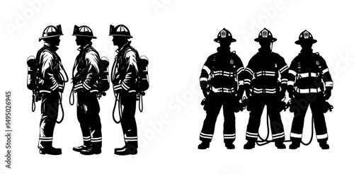 A group of firefighters posing in silhouette is depicted in a modern illustration