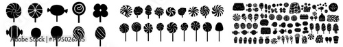 The sweets set, featuring wrapped candies, lollipops, and chocolates, showcases a variety of dessert figures, including caramel treats, all presented in a modern graphic style, evoking the idea of a