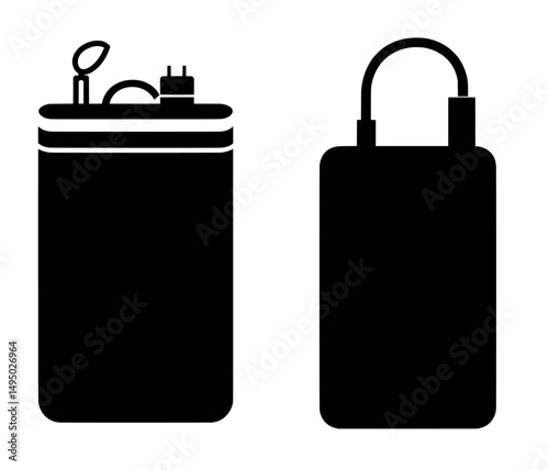 A power bank icon is illustrated in a modern style, incorporating a usb cable, and displayed in a striking black silhouette