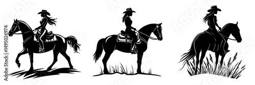 A vintage western style illustration featuring the silhouette of a cowgirl horseback riding